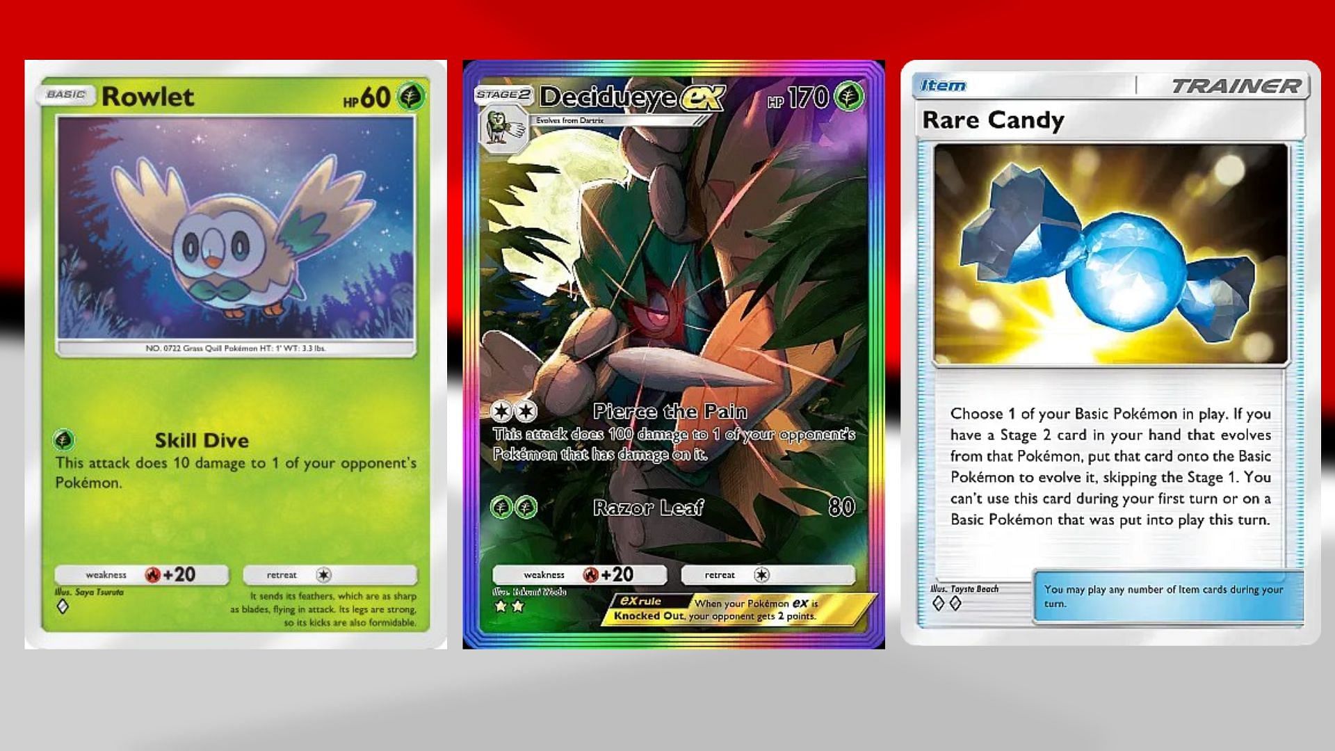 Rowlet, Decidueye ex, and Rare Candy in PTCGP (Image via TPC)